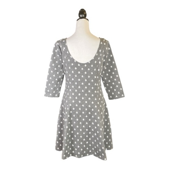 ModCloth Retro Grey & White Star Print Scoop Back 3/4 Sleeve A-Line Mini Dress L - Picture 3 of 7